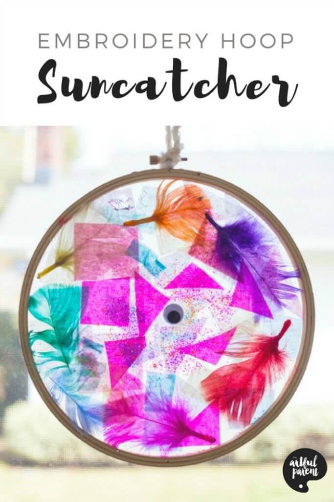 How to make tissue paper suncatchers with embroidery hoop frames. This is a simple and beautiful suncatcher craft for kids and adults alike.