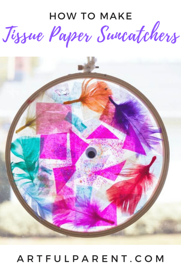 Kids suncatcher crafts tissue paper suncatcher glowing in a sunny window