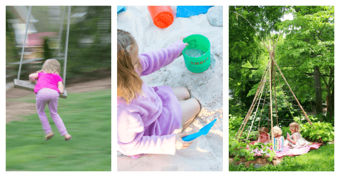 How to set up a kid friendly backyard to encourage active outdoor play. Includes elements to consider, such as sand & water play, privacy, toys, and plants.