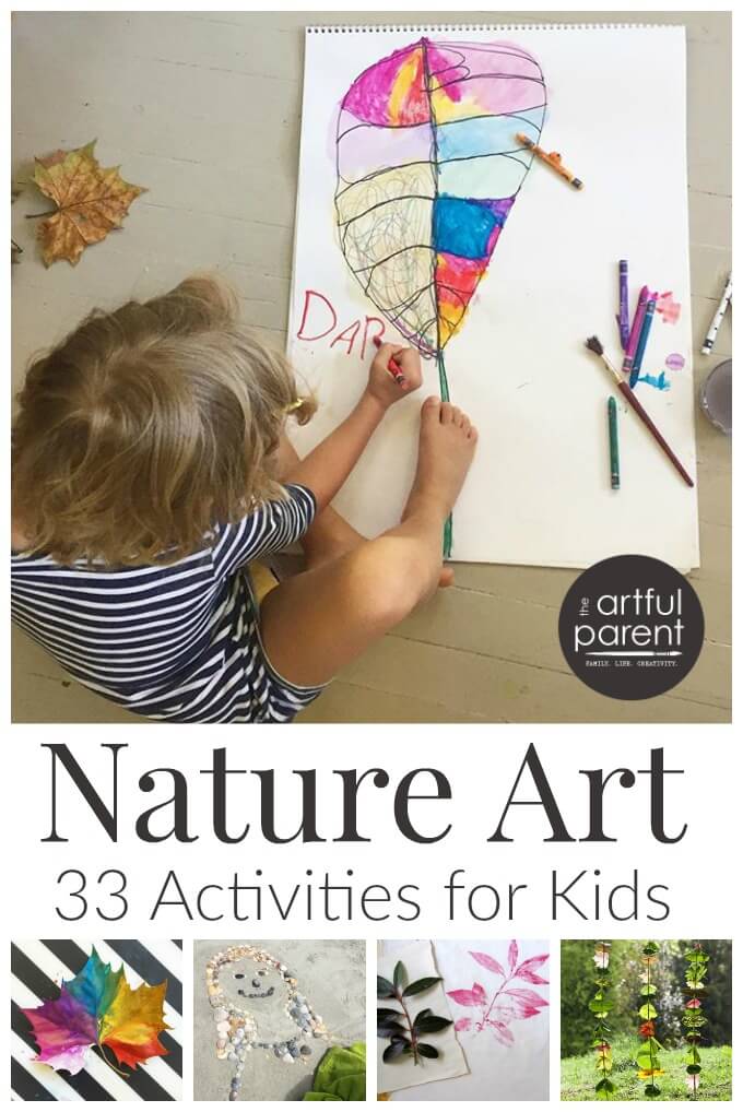 33 ideas for nature art for kids, including land art, journals, & leaf prints. Some of these art activities are inspired by nature; some use nature items.
