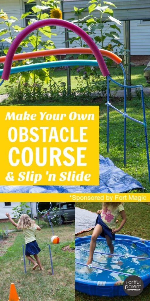 A fun DIY backyard obstacle course for kids that they can even make themselves (awesome for playdates and parties!) plus an easy DIY slip 'n slide. #toys #play #playmatters #kidsactivities