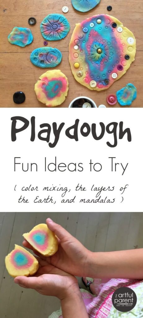 Lots of playdough fun for kids, including printing playdough mandalas, making the layers of the Earth with playdough, and color mixing with playdough. #playdough #sensoryactivities #kidsactivities #kidsart #artsandcrafts #mandalas