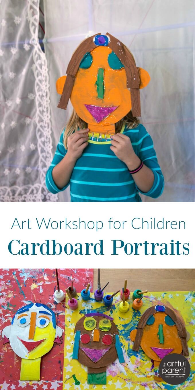 Cardboard portraits kids can make by gluing cardboard shapes together and painting the faces. (Plus a beautiful book about kids' art called Art Workshop for Children by Barbara Rucci.) #kidsart #repurposed #cardboard #kidscraft #artsandcrafts #arteducation #kidsactivities #craftsforkids
