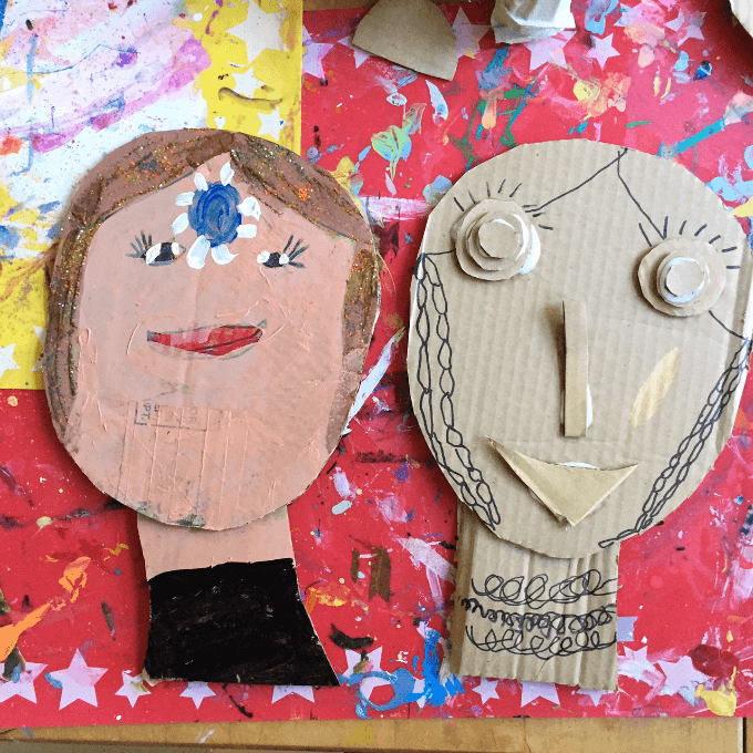 More cardboard portraits with details and embellishments.