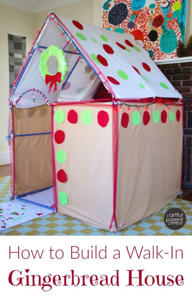 How to build a walk in gingerbread house for kids from a Fort Magic kit! Love the ideas and inspiration to make your own Christmas fort. #toys #play #playroom #playmatters #kidsactivities