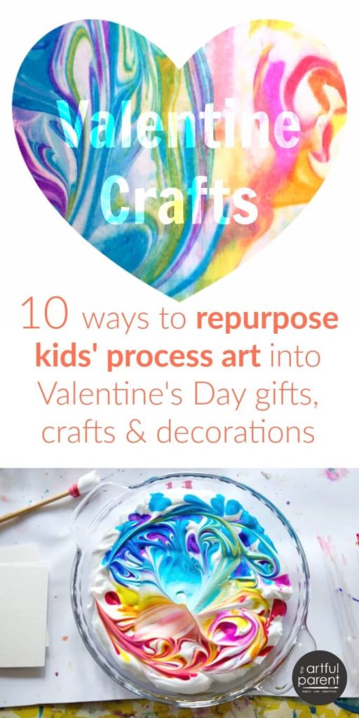 10 Valentine craft ideas & gifts to make from kids process art (such as this marbled paper), including cards, notebooks, garlands, & more. #valentinecrafts #valentinesday #kidscrafts #kidsactivities 