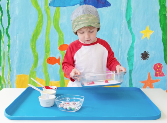 Child marble painting with tray