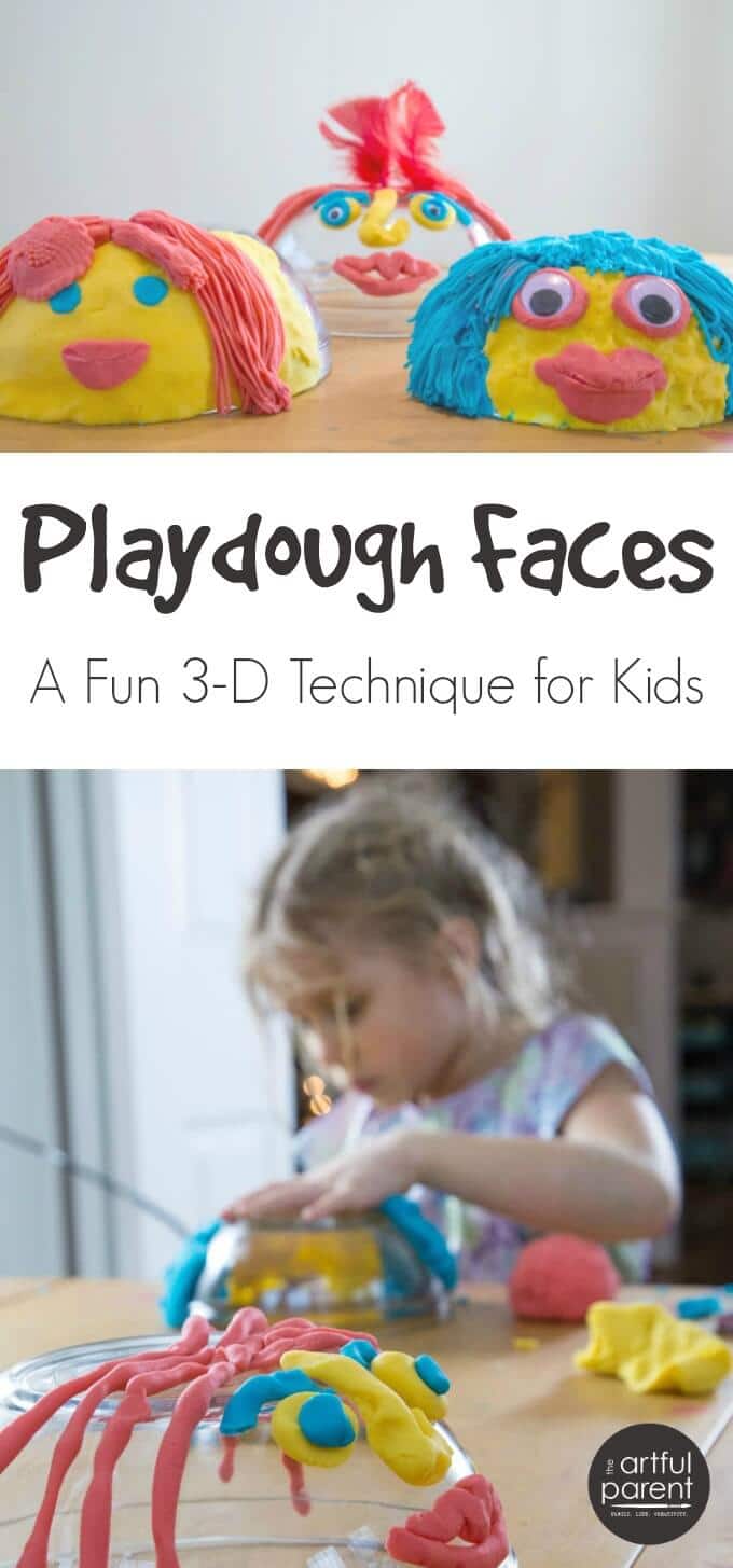 Play dough faces are often made by kids, but here's a new 3D technique using upturned bowls as a base. Plus ideas for hair and decorations. #kidsart #artsandcrafts #sensoryexperience #playdough #preschoolers #kidsactivities