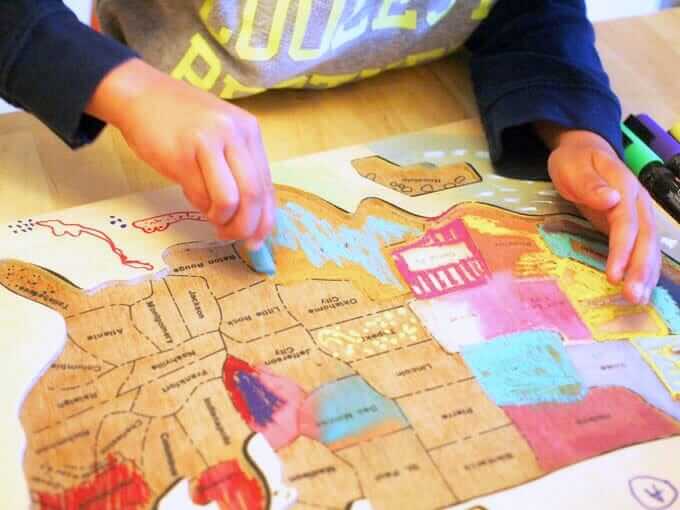 Kids Map Art in Progress - Decorating a Wooden Map