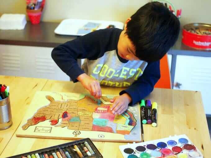 Kids Map Art in Progress - Decorating a Wooden Map