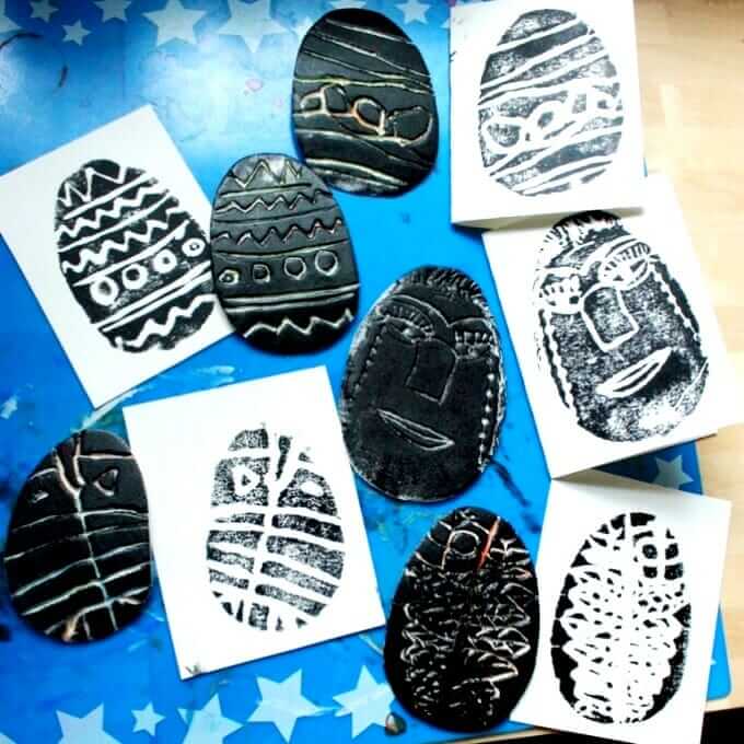 Styrofoam Printmaking with Kids - Easter Eggs and Faces