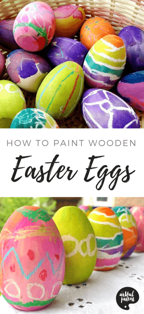 Learn how to paint wooden Easter eggs with this easy technique. This project combines oil pastel resist with a vibrant watercolor paint dye for eggs that last for decoration or imaginative play! #easter #eastereggs #artsandcrafts #eastercrafts #kidsactivities #kidscrafts