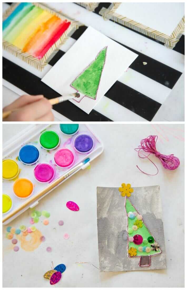 Homemade Christmas Card Making with Kids - Christmas Trees with Watercolors, Embroidery, and Sequins