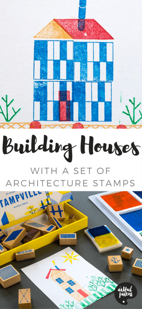 This Stampville architecture stamp set is open-ended and allows kids and adults to build any number of houses, buildings, and scenes with the large variety of simple rubber stamps included.