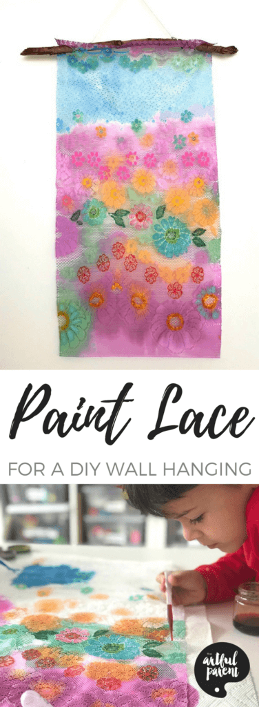 Learn how to paint lace and turn the colorful result into a beautiful DIY lace wall hanging. This is a unique and fun project for any age. #artsandcrafts #kidscrafts #artprojectsforkids #handmade #wallhanging
