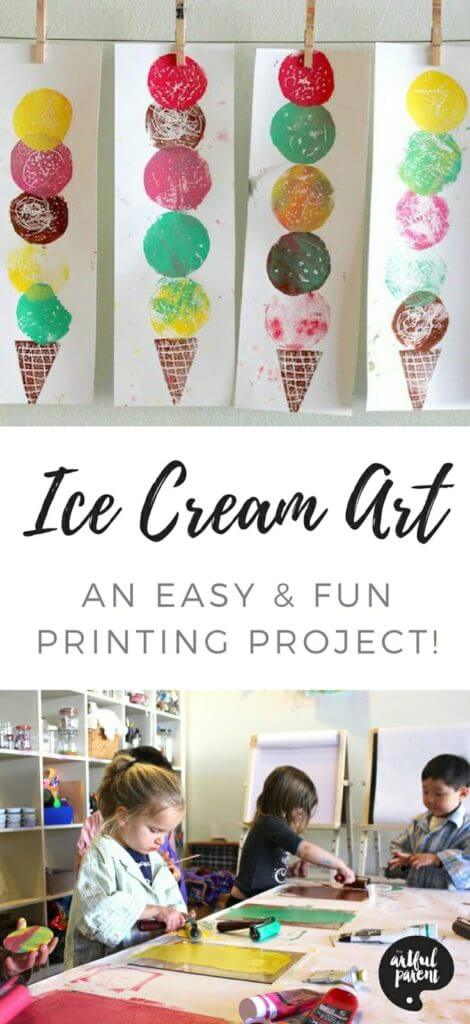 This easy printmaking project is a simple printing introduction for kids. It makes a great collaborative project and would be fun ice cream art for a birthday party! #easyprintmaking #easyprintmakingforkids #easyprintmakingprojects #icecreamart #kidsart