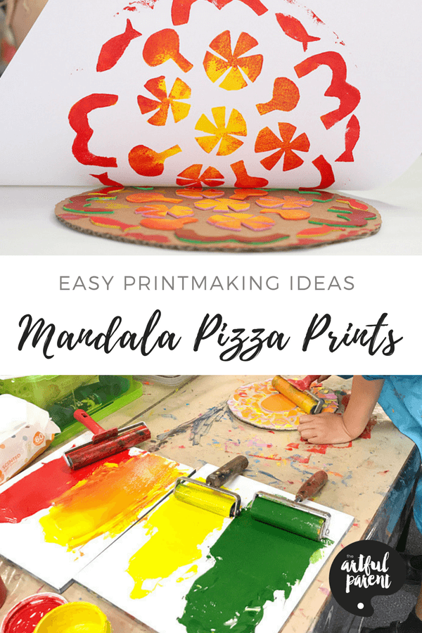 Make these mandala pizza prints today using craft foam on a cardboard base! A fun and easy printmaking idea for kids! #artsandcrafts #printmaking #mandalas #kidsactivities