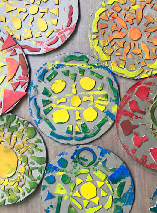 Colorful mandala pizza printing plates (an easy printmaking idea for kids)
