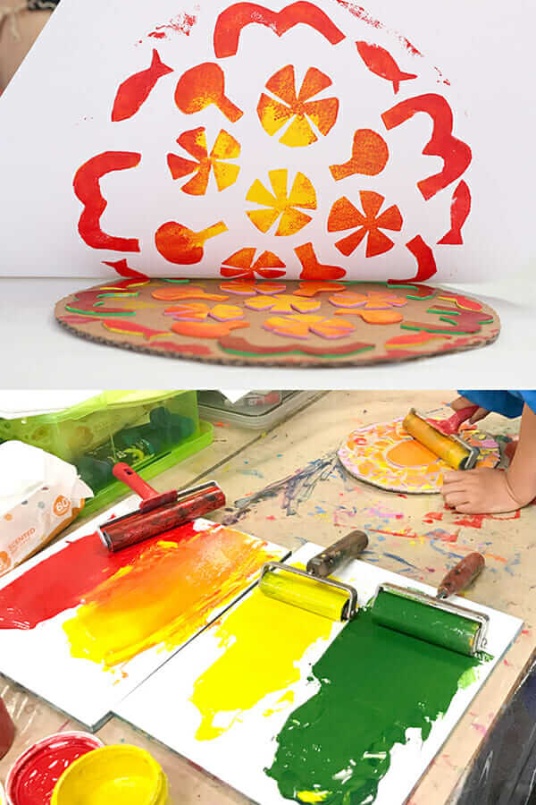 A Fun Printmaking Idea for Kids - Mandala Pizza Prints Made with Craft Foam and a Cardboard Base