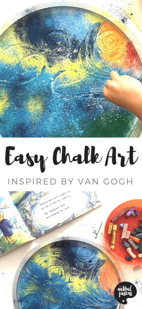 Kids can do this easy chalk art activity with glue and chalk pastels. A fun process art activity for kids to do while learning about Vincent Van Gogh's artwork. #kidscrafts, #chalkart, #kidsactivities, #artsandcrafts #kidsart