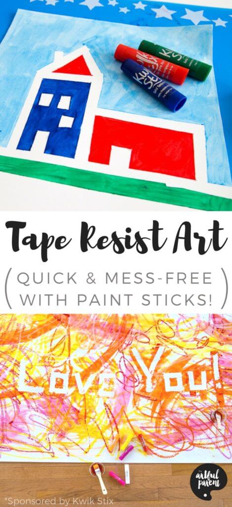 If you want to make tape resist art or signs, try paint sticks! It's quicker and virtually mess-free. Here are instructions and ideas for making banners, posters, artworks, and more with tape resist. #kidscraft #kidsactivities #artsandcrafts #handmadecards #homemade #giftidea