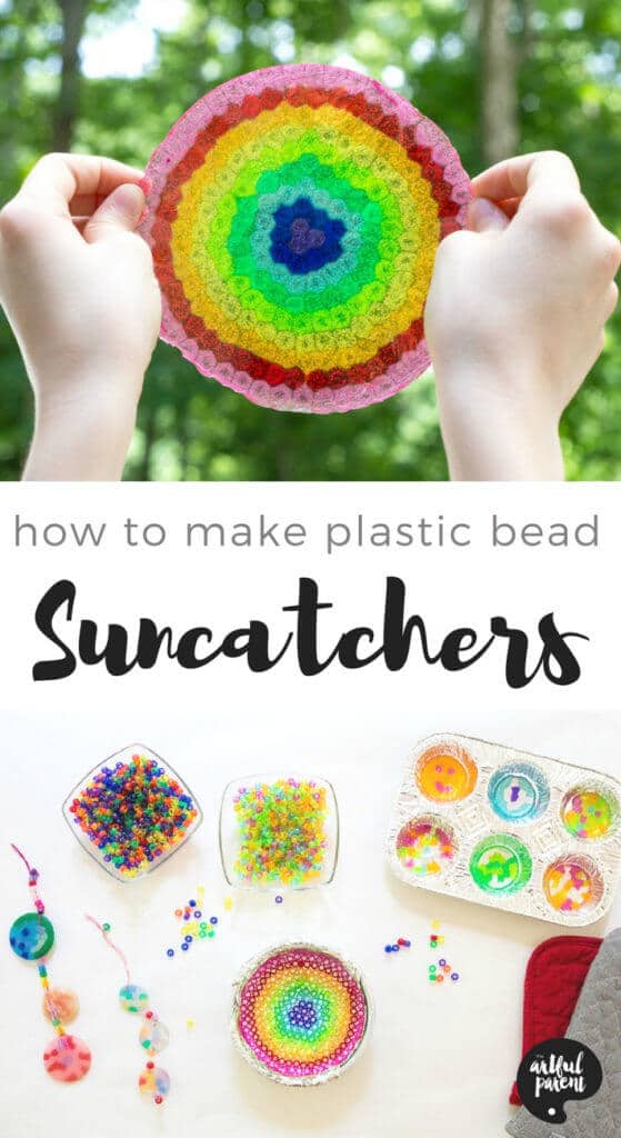 An easy tutorial for making plastic bead suncatchers with a rainbow of translucent plastic pony beads. Includes instructions, tips, and a video. These make great gifts! #suncatchers #crafts #craftsforkids #artsandcrafts #bead #rainbow