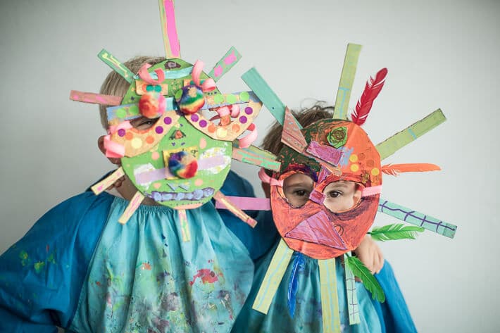 Making Cardboard Masks with Kids - Brothers in their handmade masks