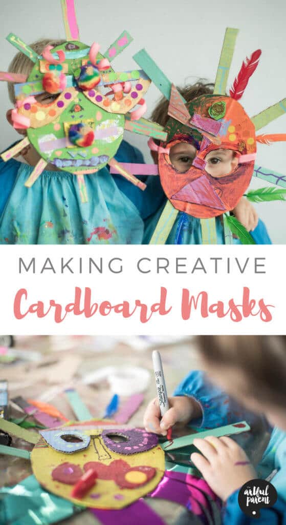 How to make cardboard masks with kids using simple materials. This creative cardboard mask project can be done for anytime fun, Halloween, or pretend play. #kidscrafts #cardboard #recycledcraft #kidsactivities #artsandcrafts #upcycled #craftsforkids