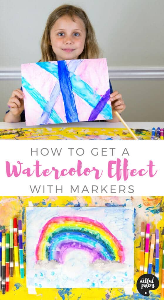 Learn how to get a watercolor effect with marker drawings. This watercolor with markers art technique is easy and effective for kids of all ages.  #kidsart #artsandcrafts #kidsactivities #paintingtechniques #kidspainting