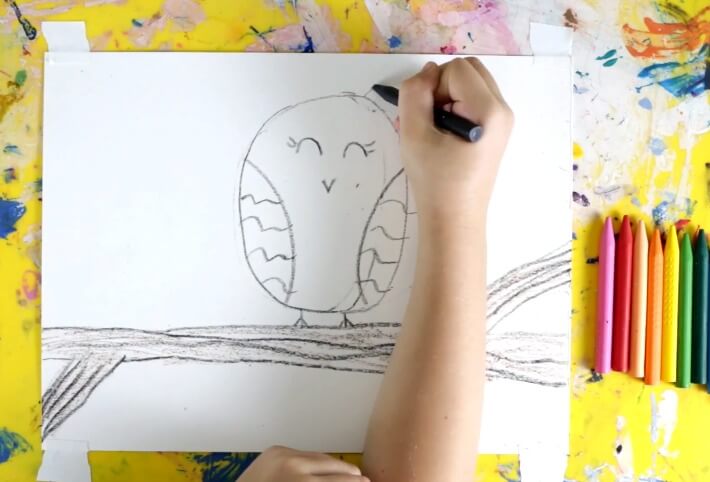 Drawing the Owl Before Painting with Watercolors and Salt