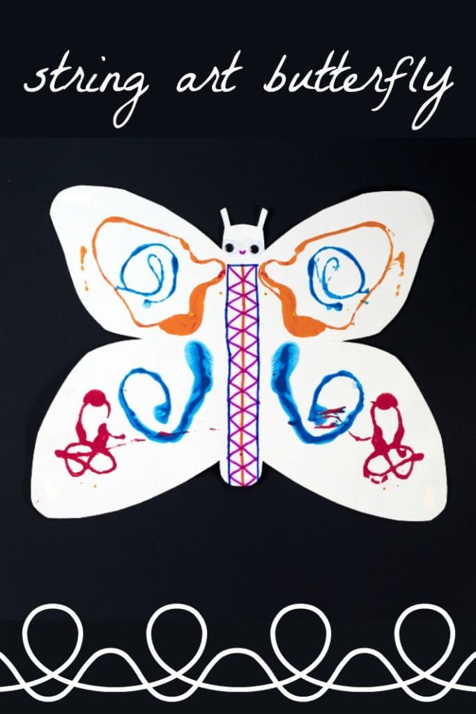 This butterfly art project for kids involves printing with paint-covered string. This results in pretty, symmetrical string art designs on the wings! #kidscraft #kidsart #butterfly #printmaking #artsandcrafts #kidsactivities 