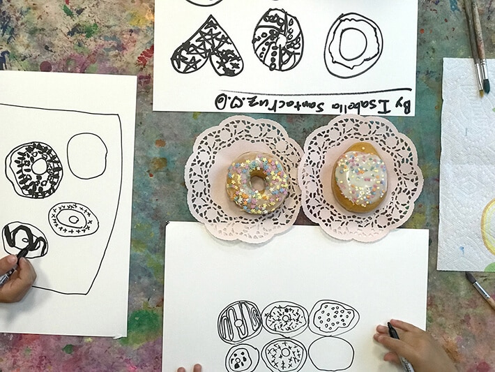 Drawing from observation with kids - drawing the details on donuts