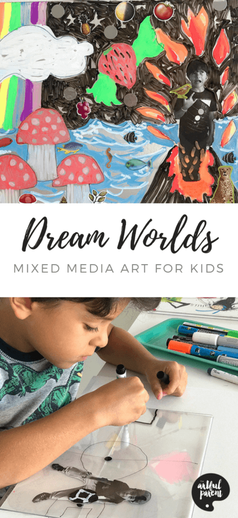 The perfect mixed media art for kids. Collage a photograph & paint an imaginary world on plexiglass in this creative self portrait project by Catalina Gutierrez of Redviolet Studio. #kidsart #artforkids #kidsactivities #artsandcrafts #paintingideas #kidspainting #drawing