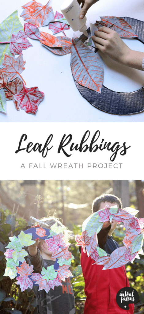 Make leaf rubbings & create a colorful wreath that will last indefinteily in this easy fall project from Joanna of The Blue Barn. #fallcrafts #artsandcrafts #kidscraft #kidsactivities #craftsforkids #handmadegifts #recycledcraft #craftsforkids