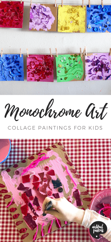  Monochrome art collage paintings are the perfect color theory art activity for kids of all ages. Art project by Samara Caughey of Purple Twig. #sensory #sensoryactivity #artsandcrafts #kidsart #artforkids #paintingforkids #creativehome #toddlers #preschoolers #cardboard #recycledcraft