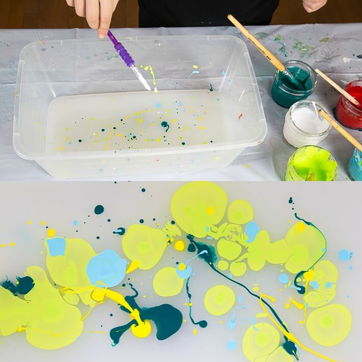 Paper Marbling with Acrylic Paint - Adding paint to starch