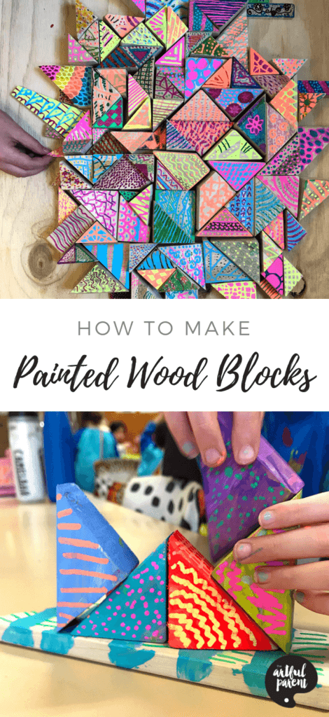 Danielle Falk of LIttle Ginger Studio shares an easy wood upcyle project. Combine painted wood blocks to create colorful wooden sculptures. #kidsactivities #creativehome #kidspainting #artsandcrafts #sensory #sensoryactivity #upcycled #recycledcraft