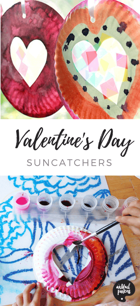One of our favorite Valentine crafts for kids, these Valentine's Day suncatchers are easy & fun for kids of all ages. #toddlers #preschoolers #wintercrafts #suncatchers #artsandcrafts #craftsforkids #kidscrafts 