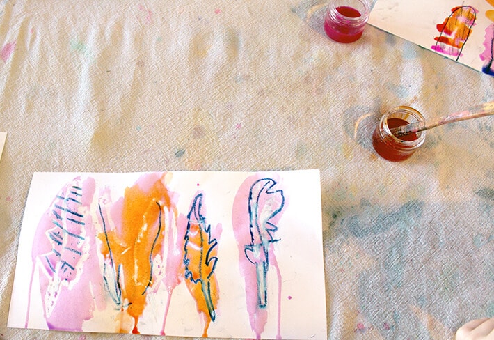 Feather drawing & liquid watercolor & brush in cup in this easy nature drawing and painting activity