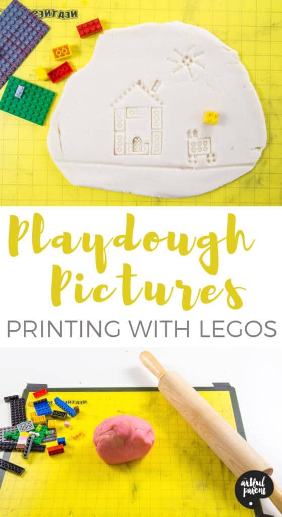 Creating pictures in playdough is a great sensory art activity for kids of all ages. Just roll out some playdough & press LEGOs in it to create playdough pictures. #sensory #playdough #toddlers #preschoolers #kidsactivities #sensoryplay #sensoryactivity #sensoryactivities