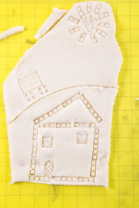 LEGO prints – House scene with sun printed in playdough with LEGOs