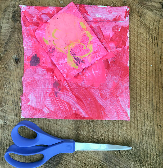 Painted cardboard and scissors for DIY Valentines for Kids