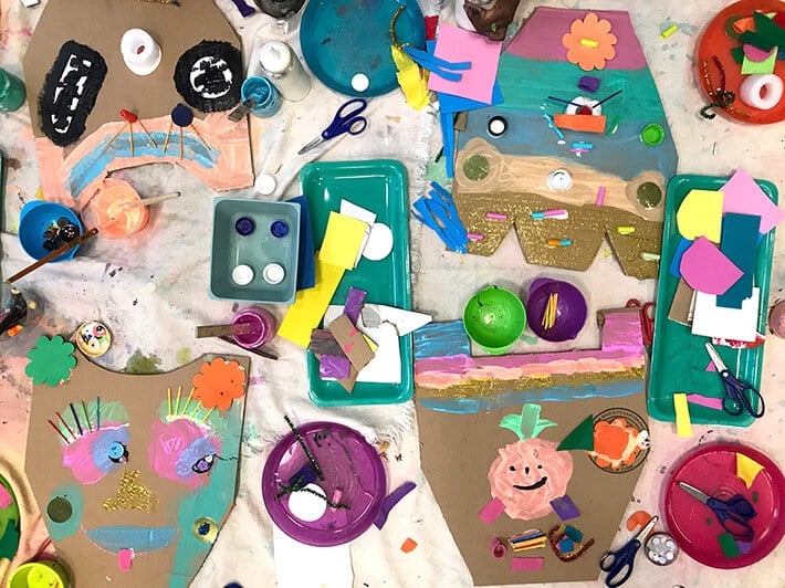 Four Miró inspired magic animal masks with paint and scissors and cardboard