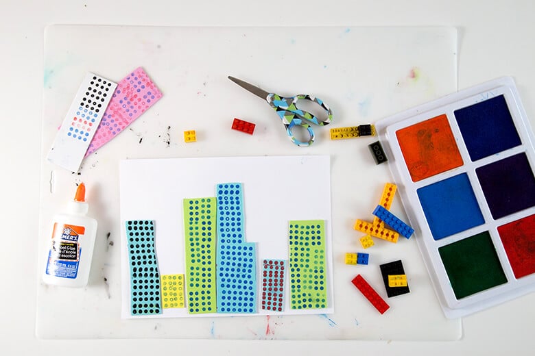 Fun LEGO printed cities made using stamp pads, glues, scissors & LEGOs