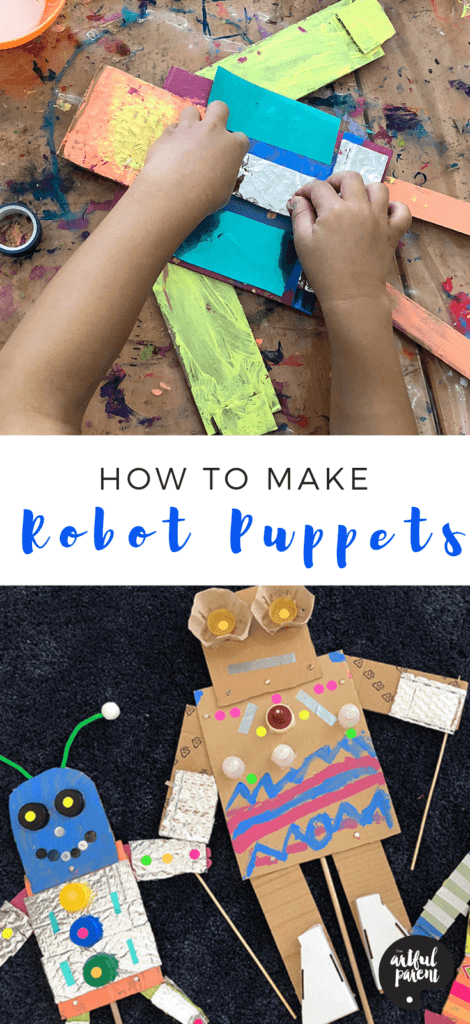Create these fun robot puppets using cardboard and other recycled materials in this make & play project by Danielle Falk of Little Ginger Studio. #artsandcrafts #kidscrafts #craftsforkids #cardboard #recycledcraft #upcycled #artforkids