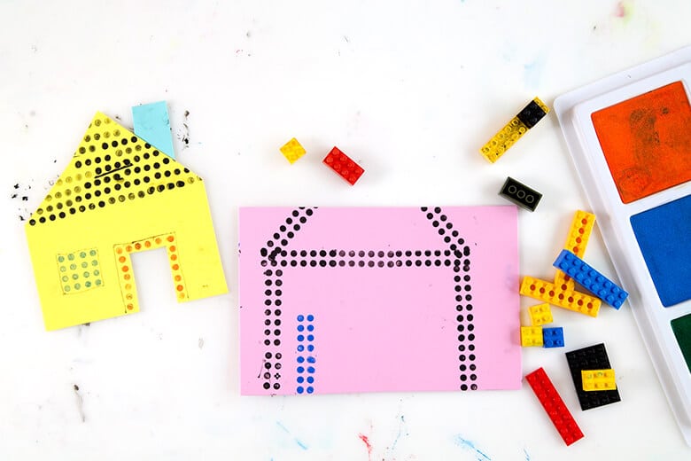 LEGO prints – Two houses printed on paper with LEGOs & stamp pads