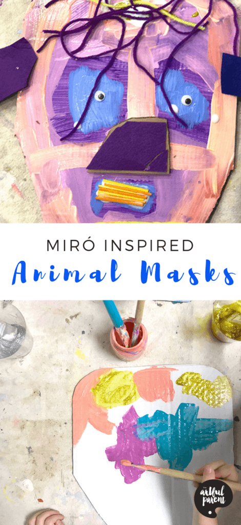 Catalina Gutierrez of Redviolet Studio shares how to create Miró inspired magic animal masks for kids using cardboard and other materials on hand. #kidsart #artsandcrafts #upcycled #kidscrafts #cardboard #recycledcraft #craftsforkids