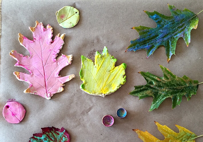 Nature inspired art for kids – Clay leaf impressions and glitter painted leaves