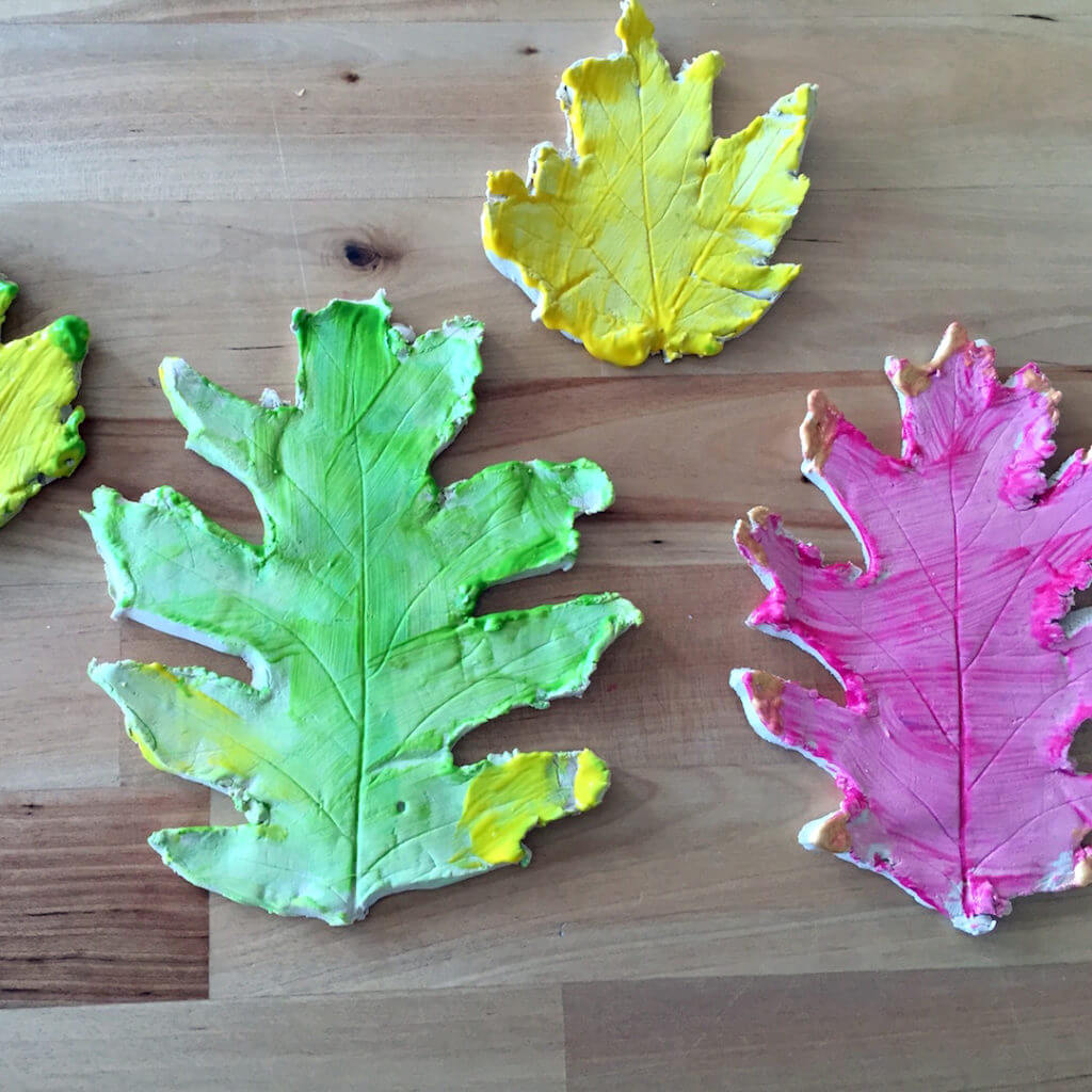 Nature inspired art – painted leaf impressions in clay