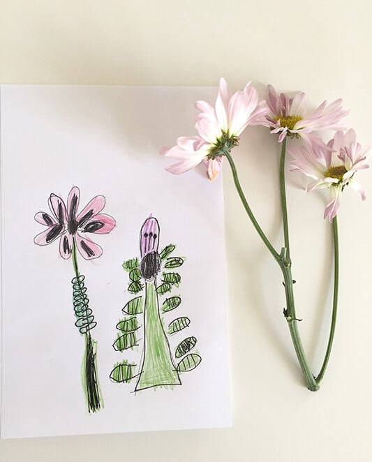 Pink flower with drawing of flowers for nature inspired art activity